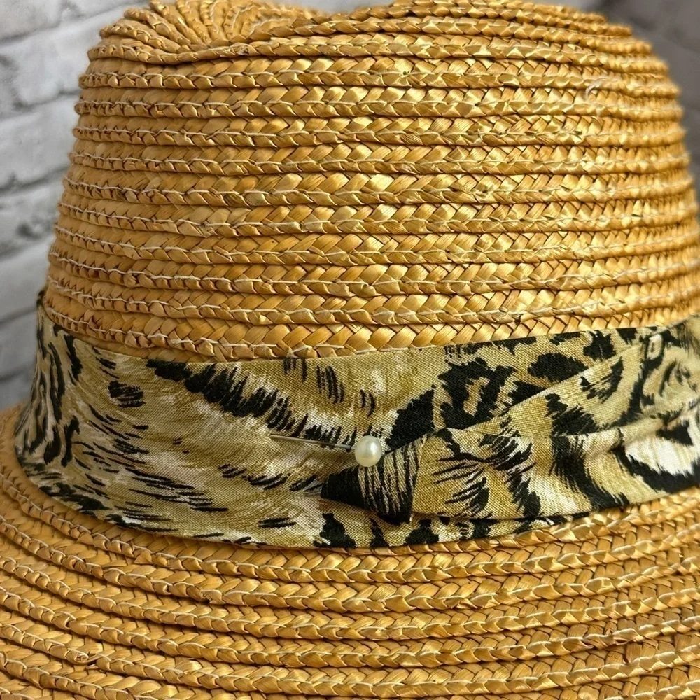 Womens Tan Straw Sun Hat Animal Print Accent Band Pearl Stick Pin Wide Brim Hat